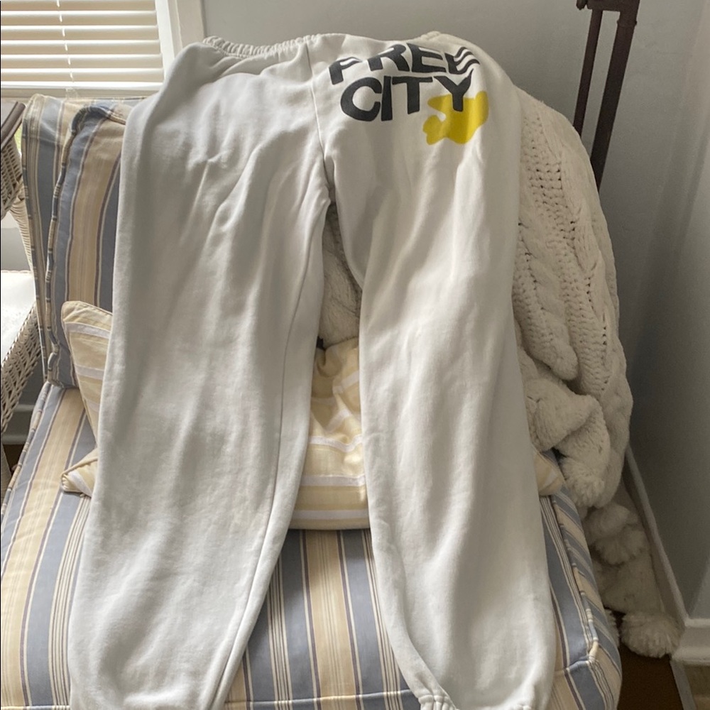 Free City White Sweatpants with Yellow and Black Logo